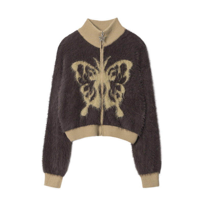 Mohair Stand Collar Butterfly Embroidery Zipper Sweaters