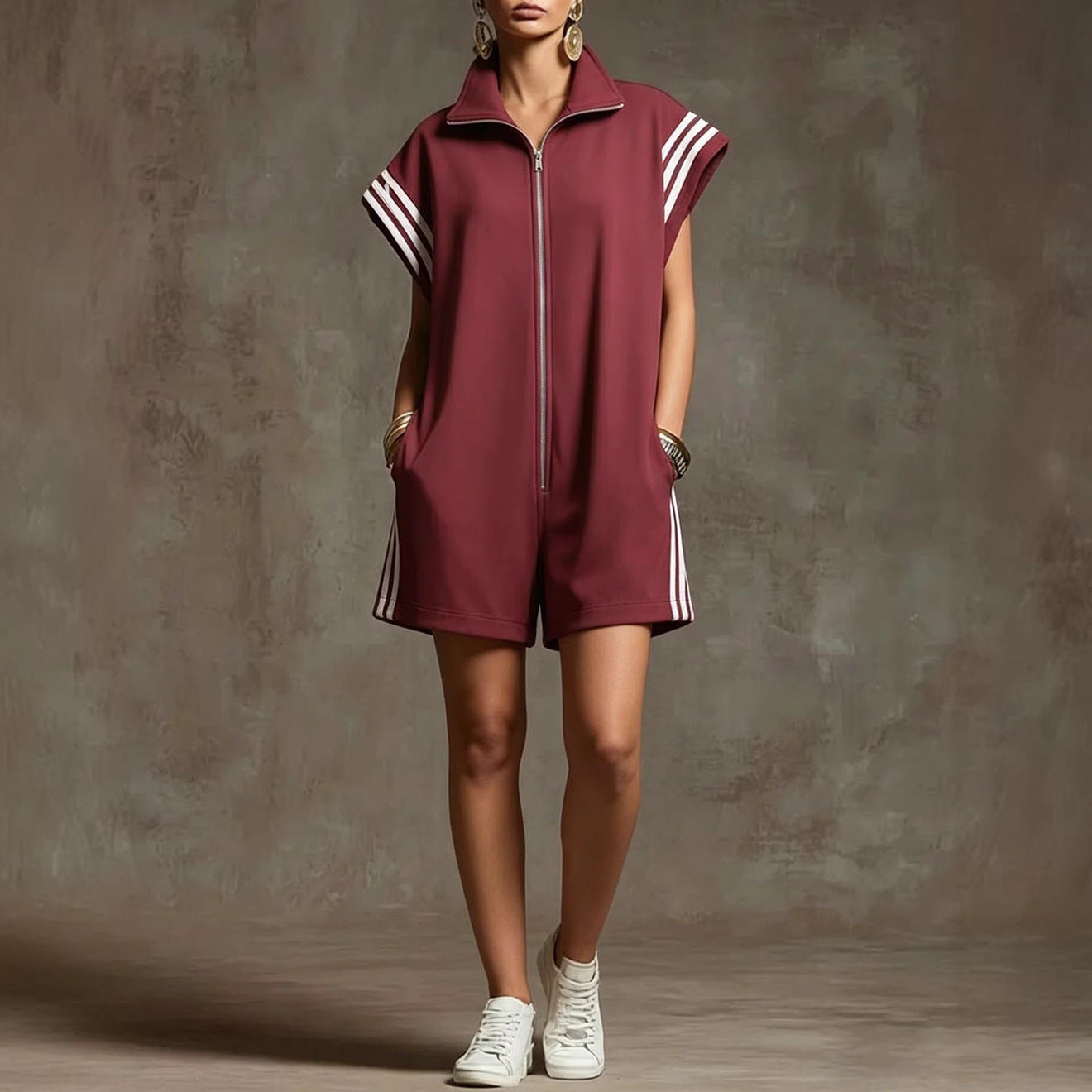 Women's Zipped Stand Collar Striped Contrast Color Women's Jumpsuit/clothing