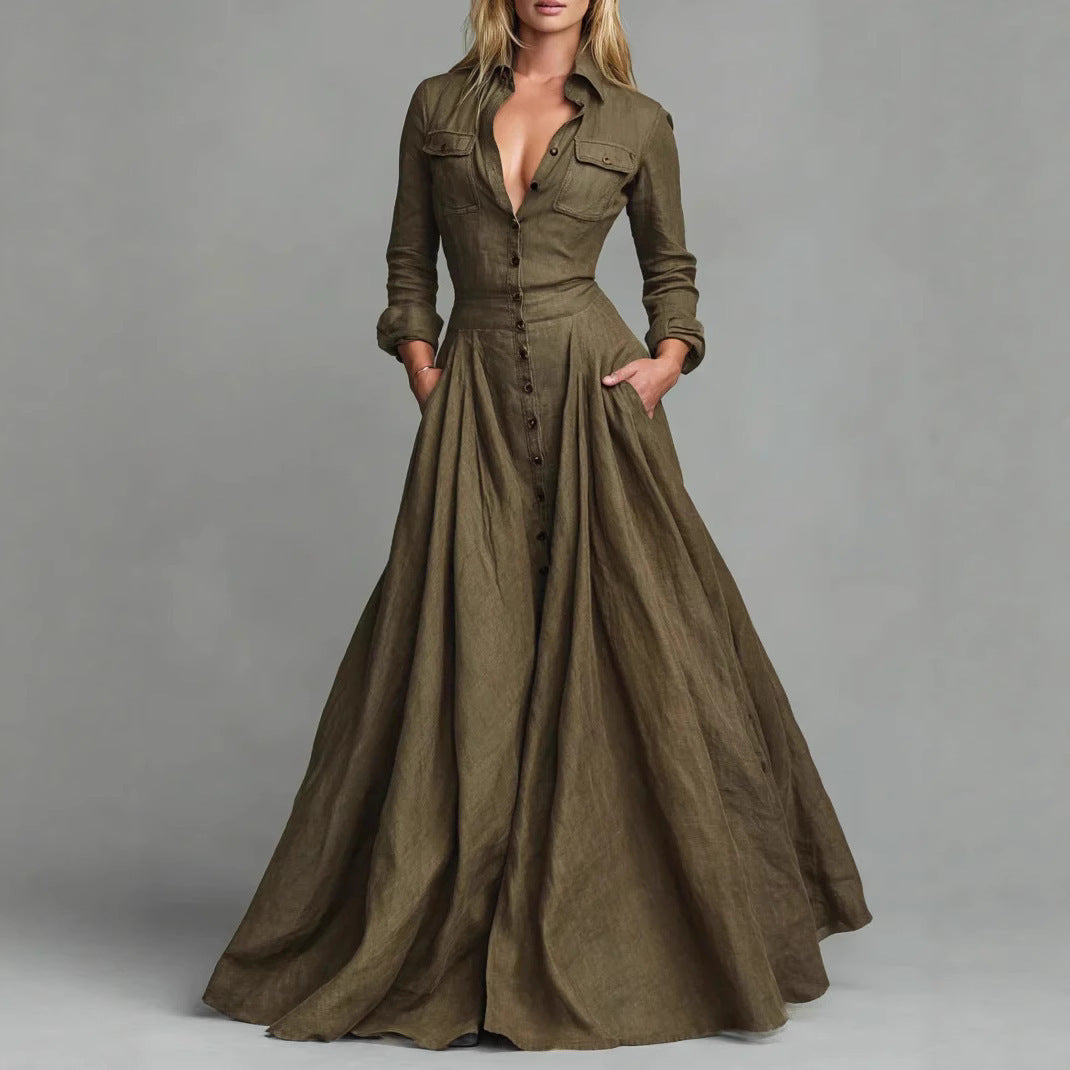 Women's Long Sleeve Lapel Dress Elegant High Waist Slimming Dresses
