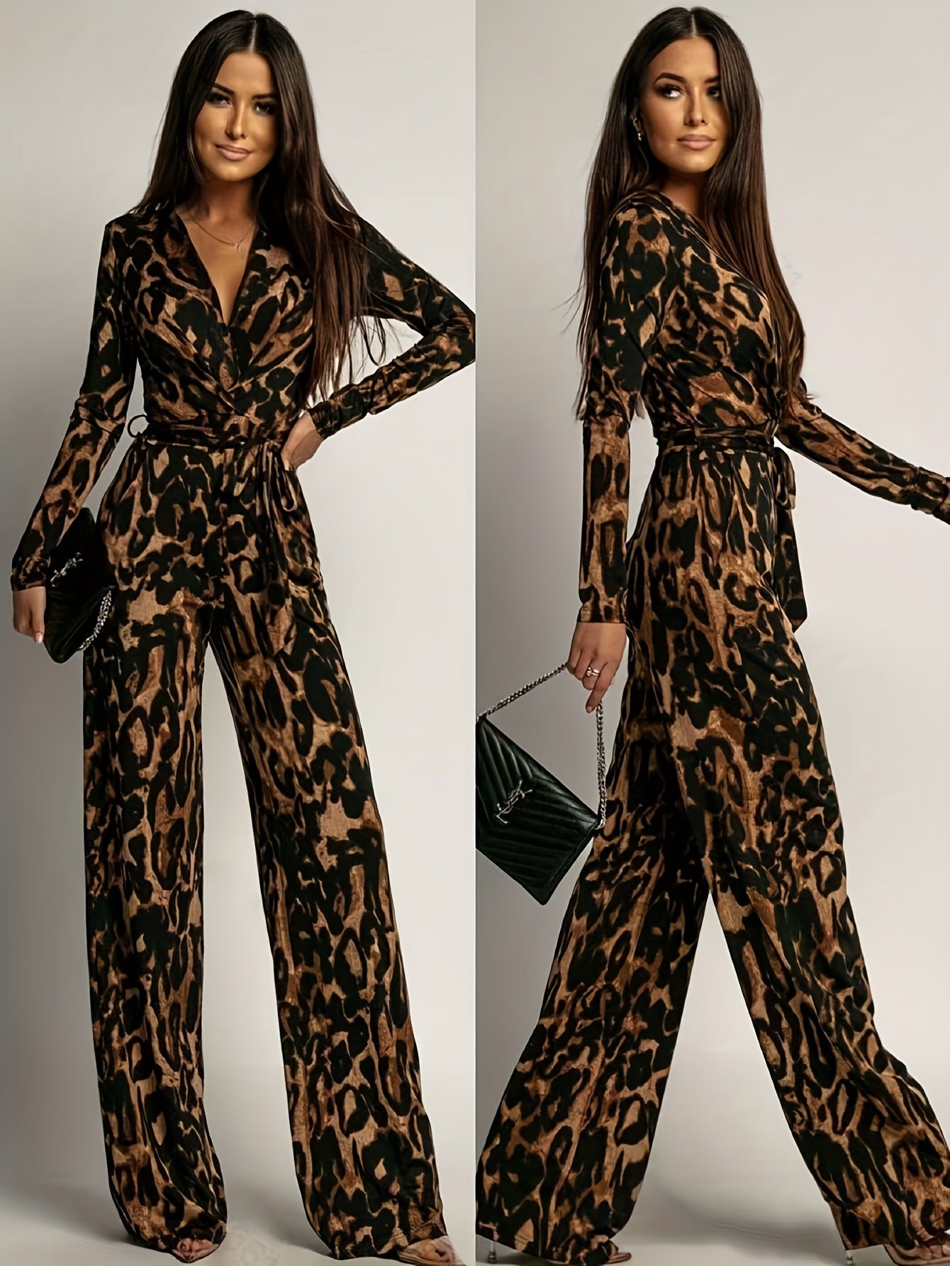 Women's Leopard Pattern Long Sleeve Belted Warm Suits