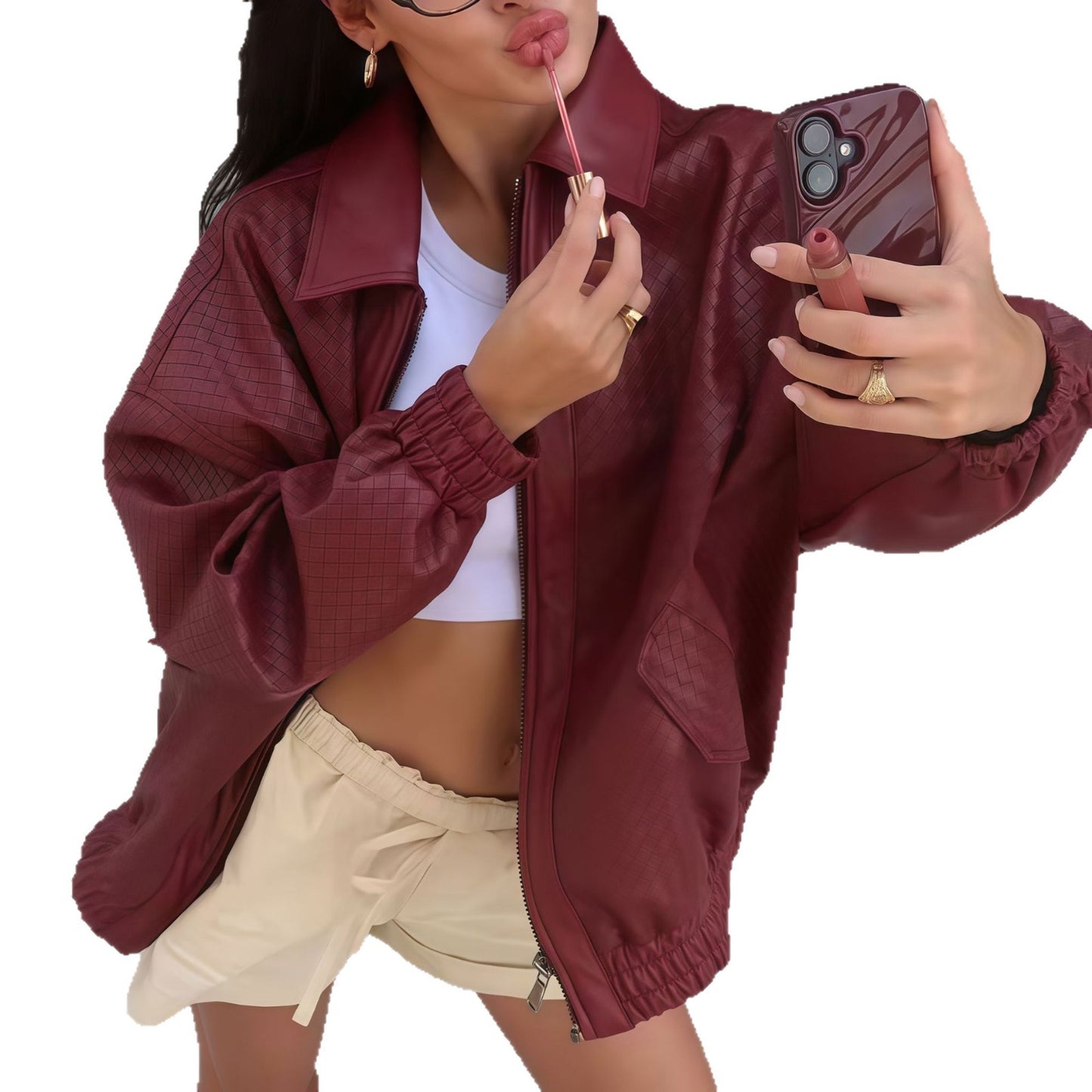 Autumn Wine Red Diamond Plaid Lapel Leather Jackets