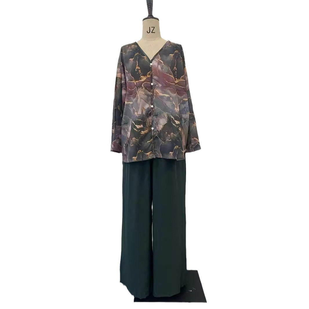 Women's Spring Fashion Printed Shirt Wide Leg Tops