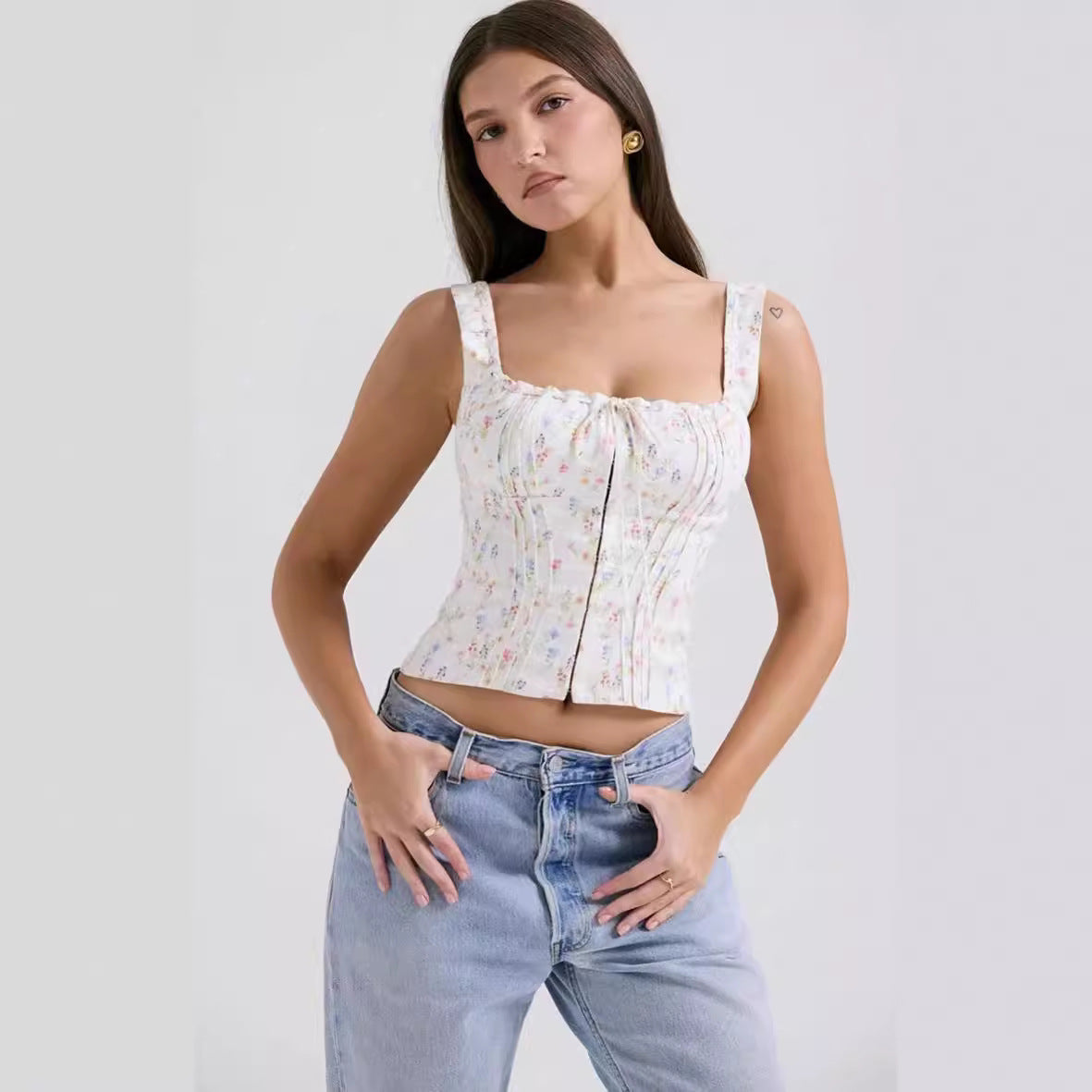 Pure Desire Hot Floral Square Collar Tops