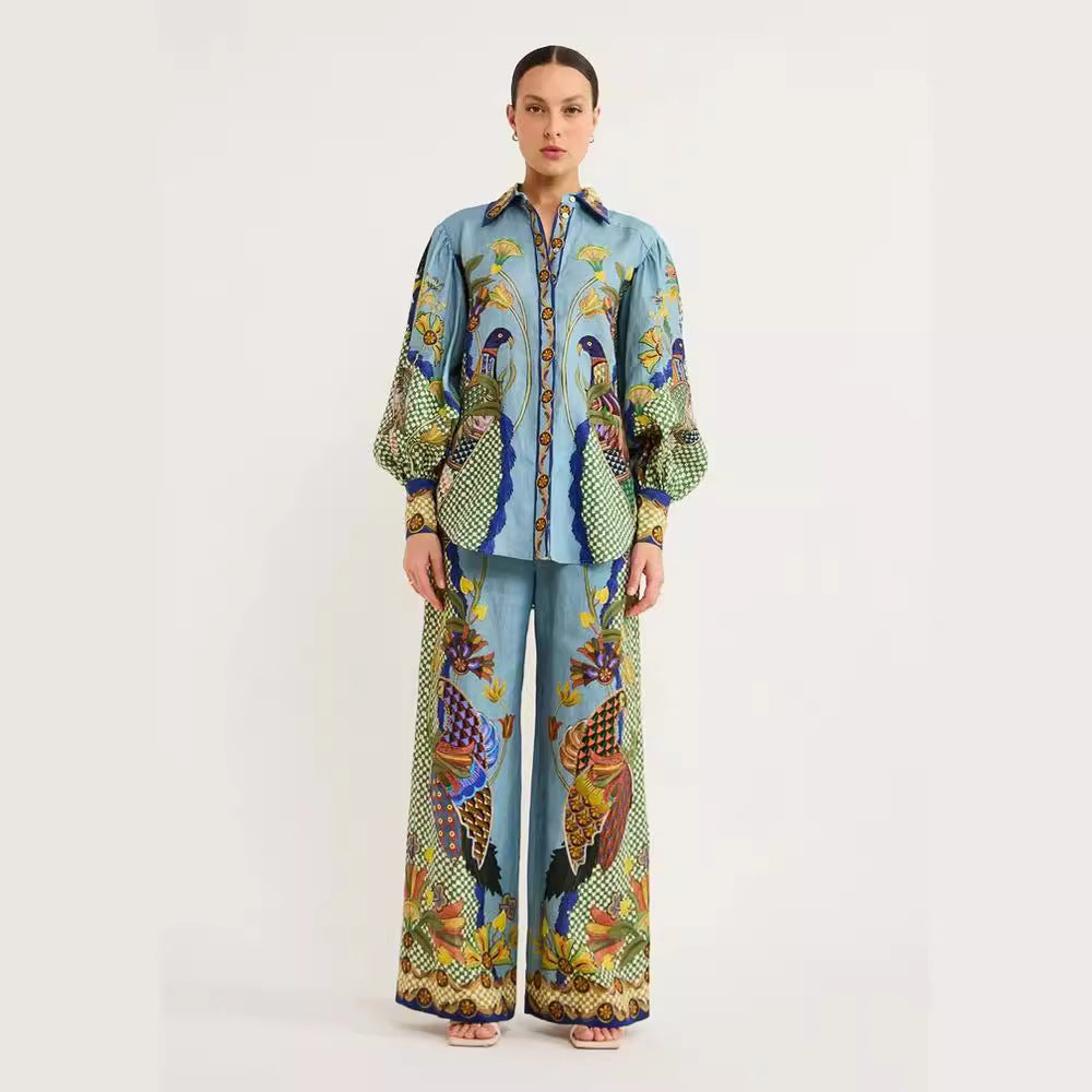 Women's Personalized Printed Puff Sleeve Vacation Lace Fashion Casual Suit