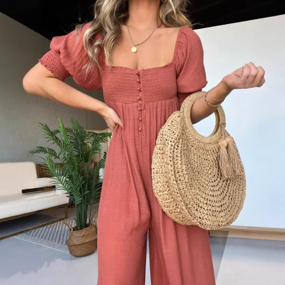 Pure Color Puff Sleeve Pleated Siamese Skirts