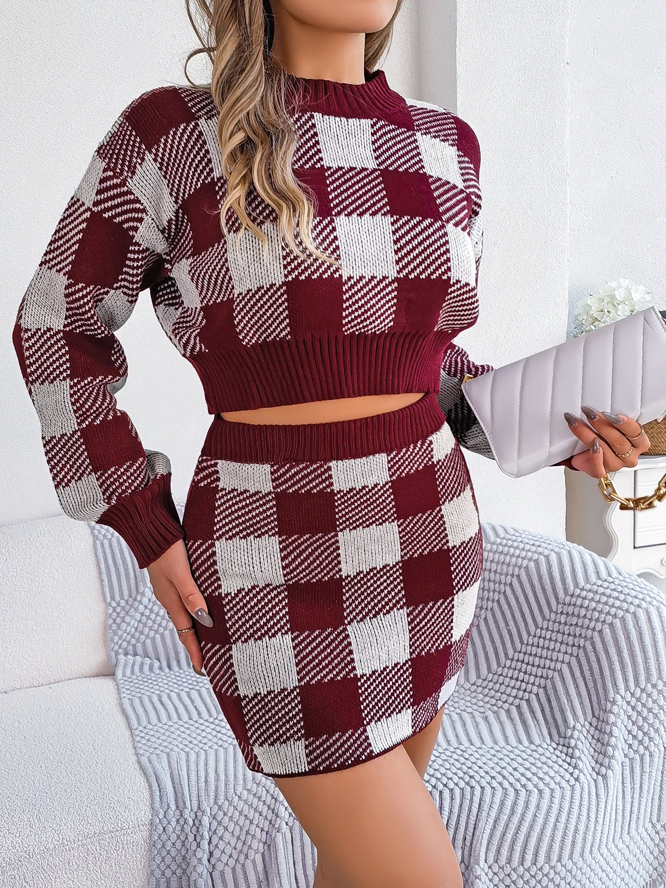 Women's Contrast Color Plaid Long Sleeves Cropped Fashion Casual Suit