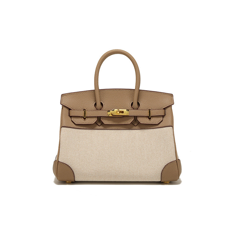 Women's Lychee Pattern Cowhide Canvas Patchwork Contrast Color Handbags