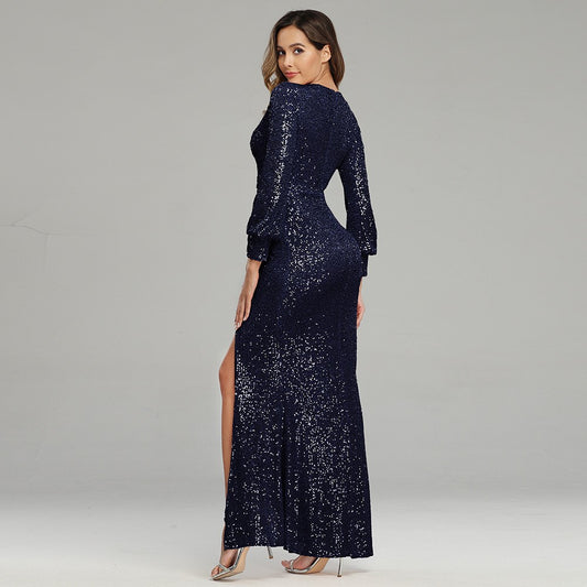 Women's Long Sexy High Slit Sleeve Sequined Banquet Dresses