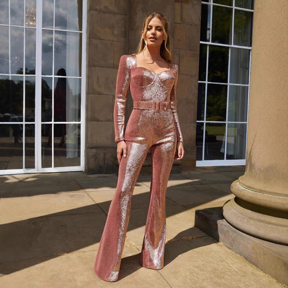 Women's Long-sleeved Belt Mopping Sequined Dress Fashion Jumpsuits