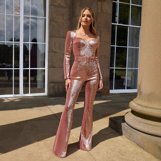 Women's Long-sleeved Belt Mopping Sequined Dress Fashion Jumpsuits