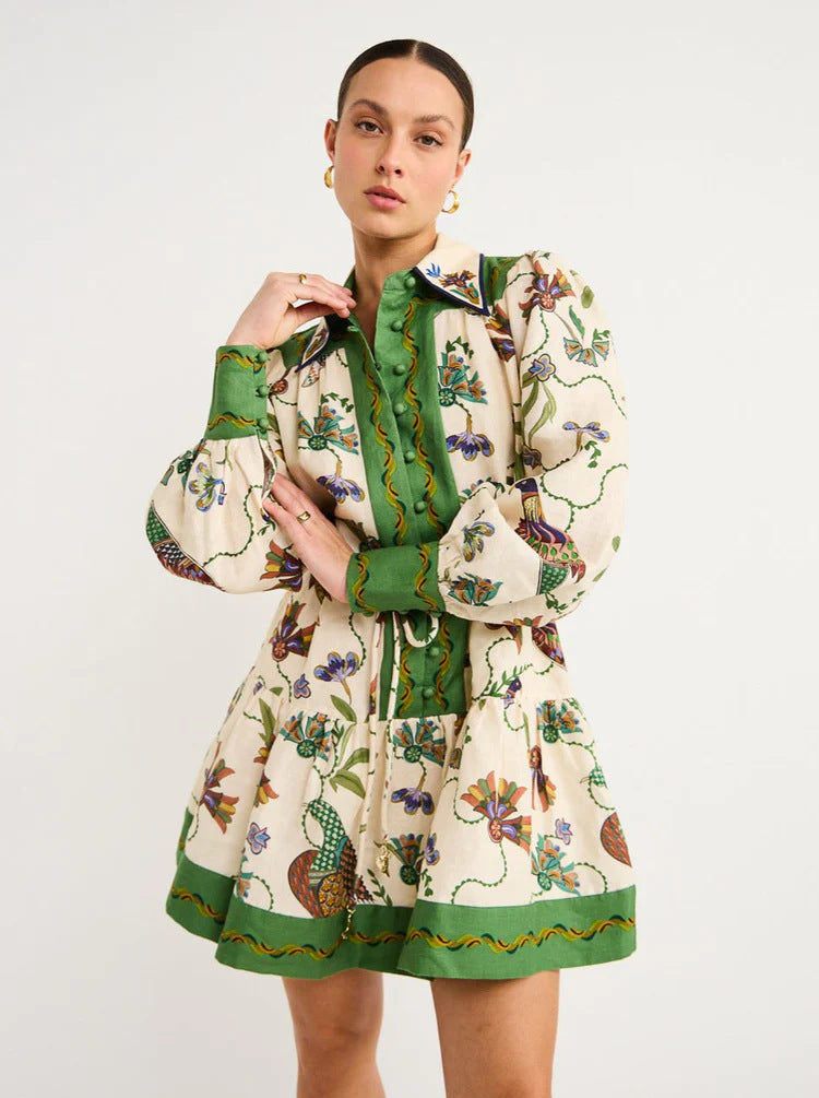 Single-breasted Long Lantern Sleeve Iti Printing Dress