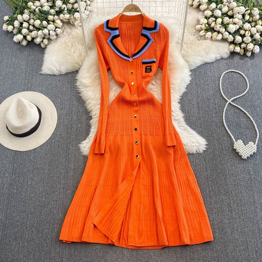 Contrast Color Lapels Knitted Dress Letter Dresses