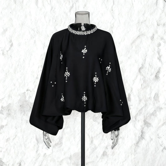 Vintage Style Design Round Neck Rhinestone Loose Blouses