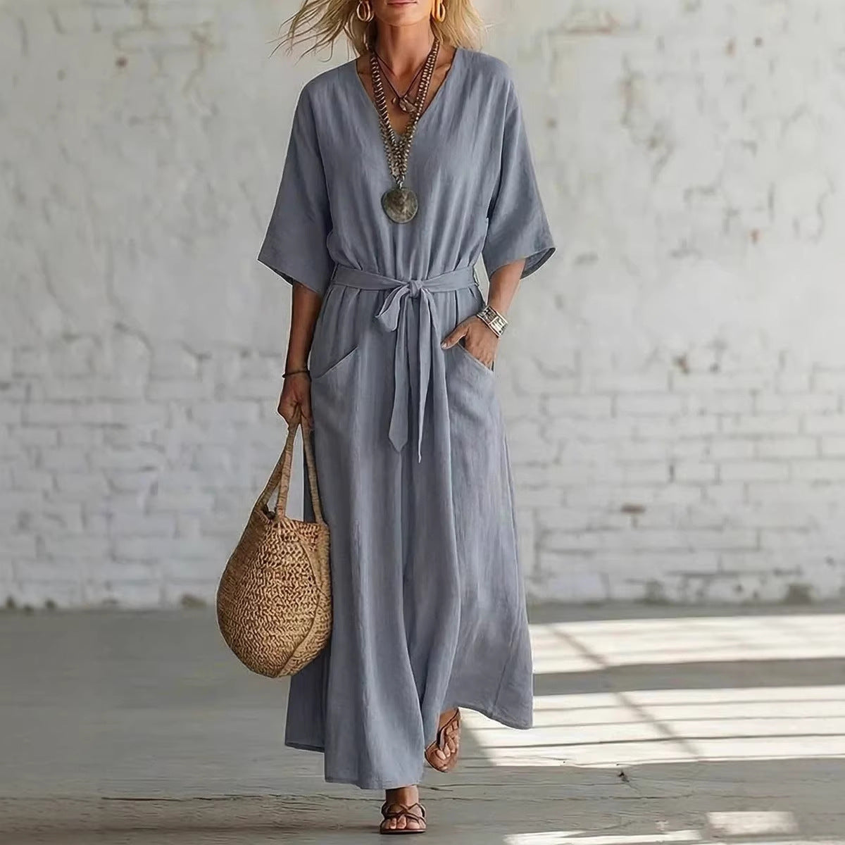 Solid Color Sleeve Vacation Style Loose Dress
