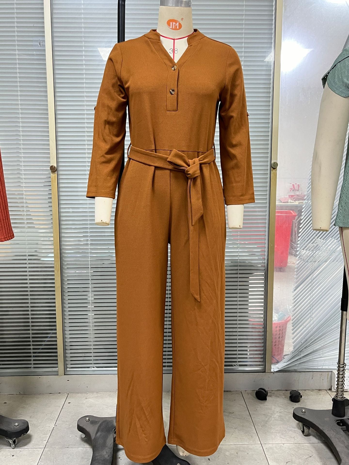 Solid Color High Waist Button Long Sleeve Women's Jumpsuit/clothing