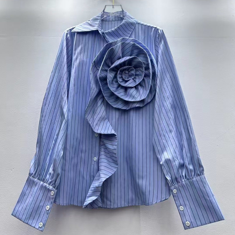 Flower Modern Striped Shirt Half Sleeve Blouses