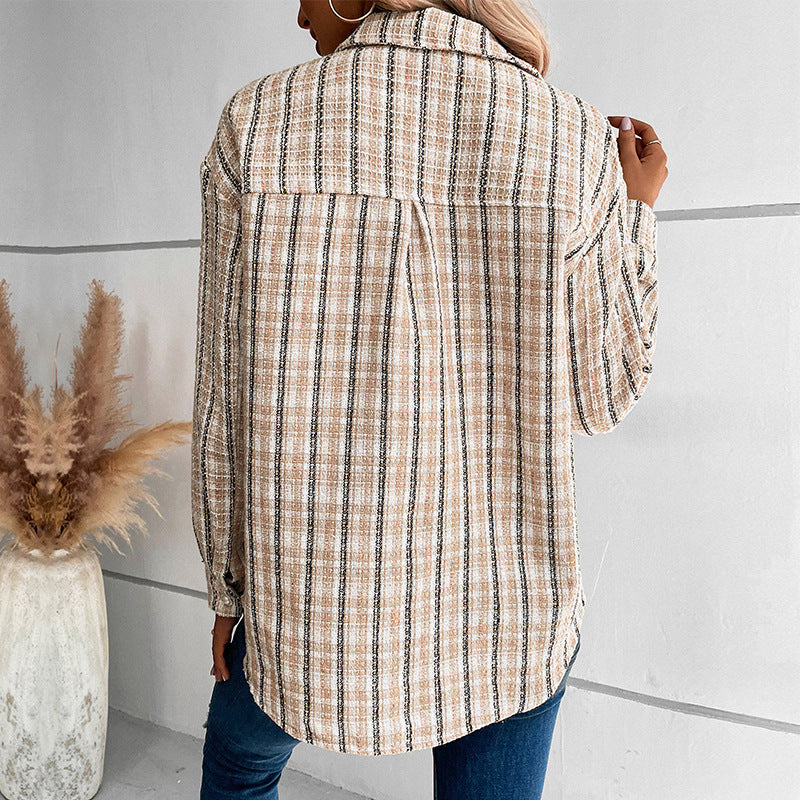 Women's Fashion Wear Pearl Buckle Lapel Plaid Jackets