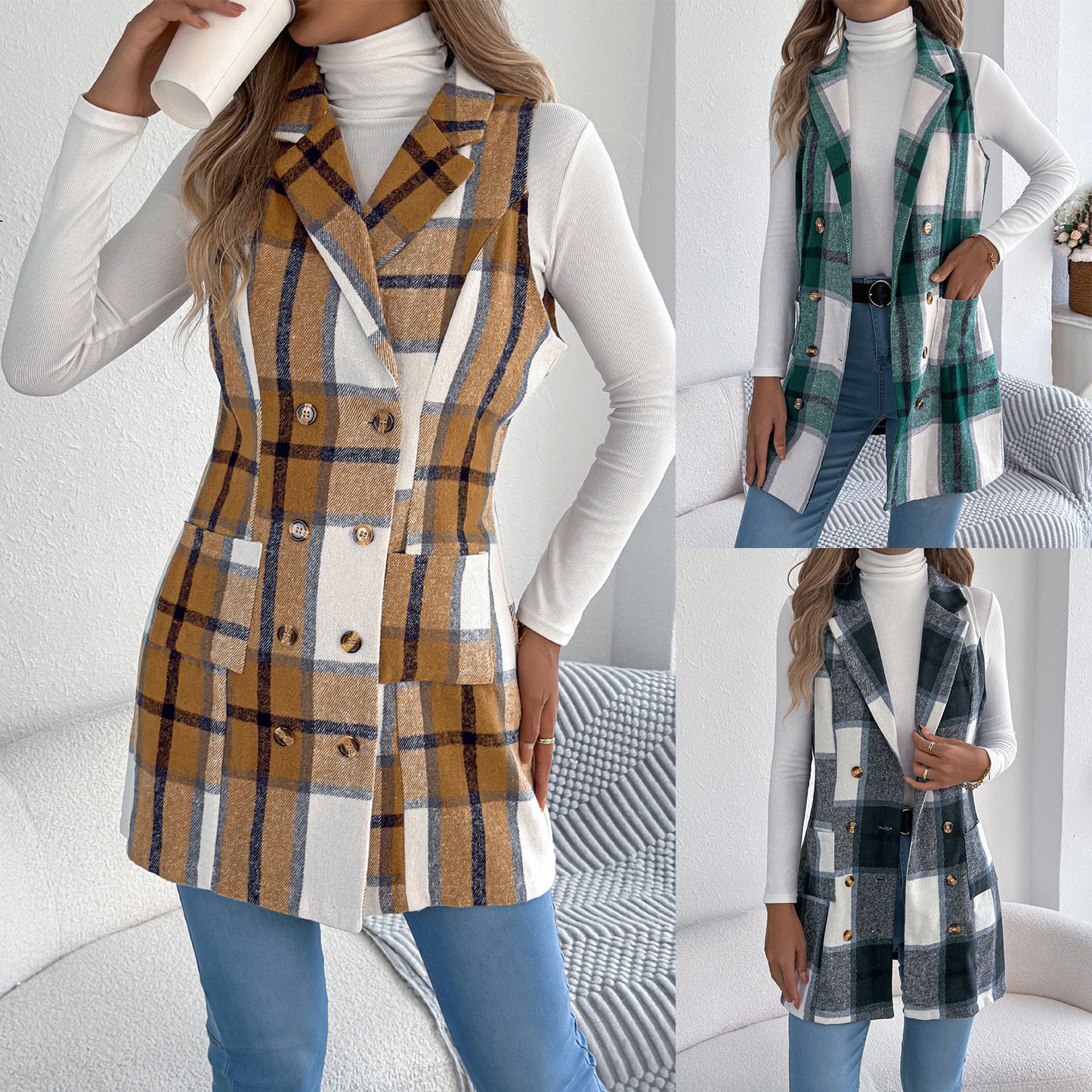 Women's Plaid Double Breasted Pocket Woolen Long Vests