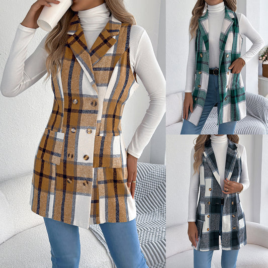 Women's Plaid Double Breasted Pocket Woolen Long Vests