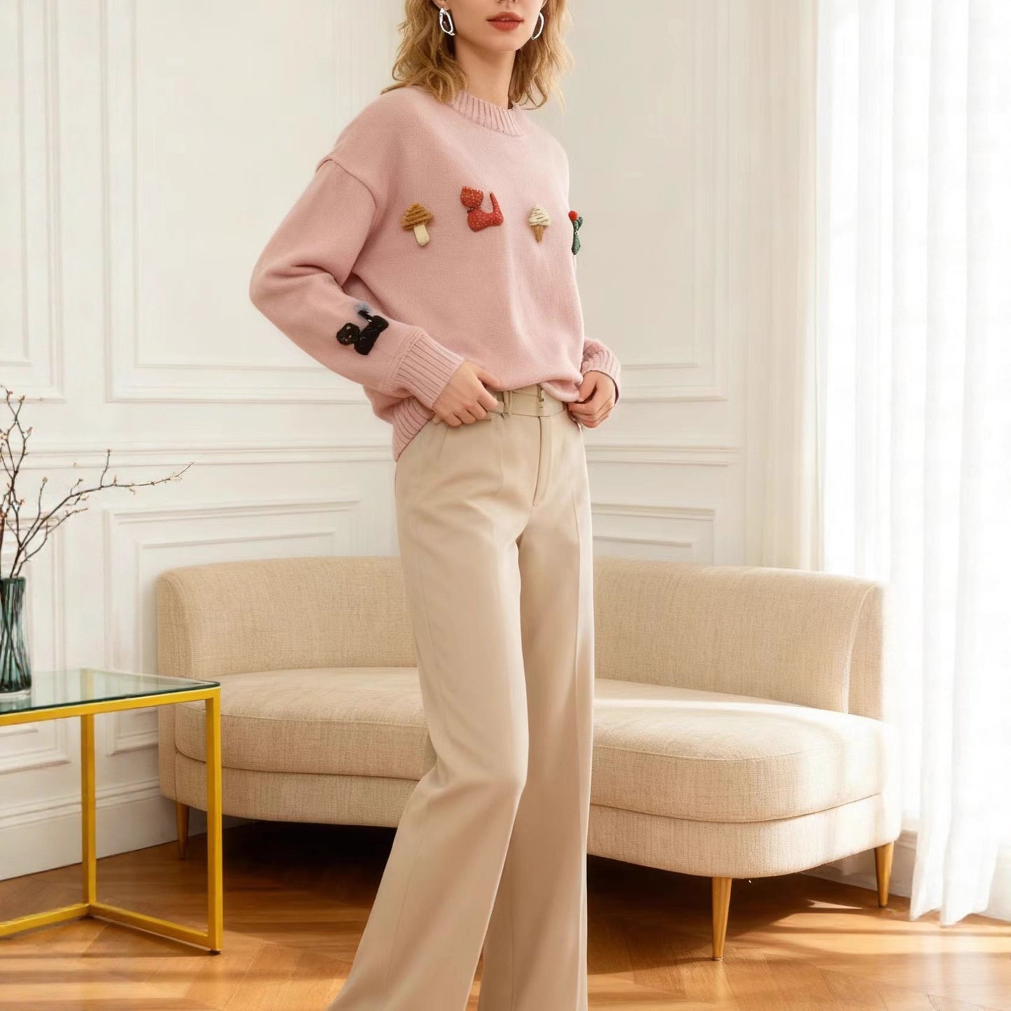 Casual Lazy Atmosphere Pink Crew Neck Sweaters