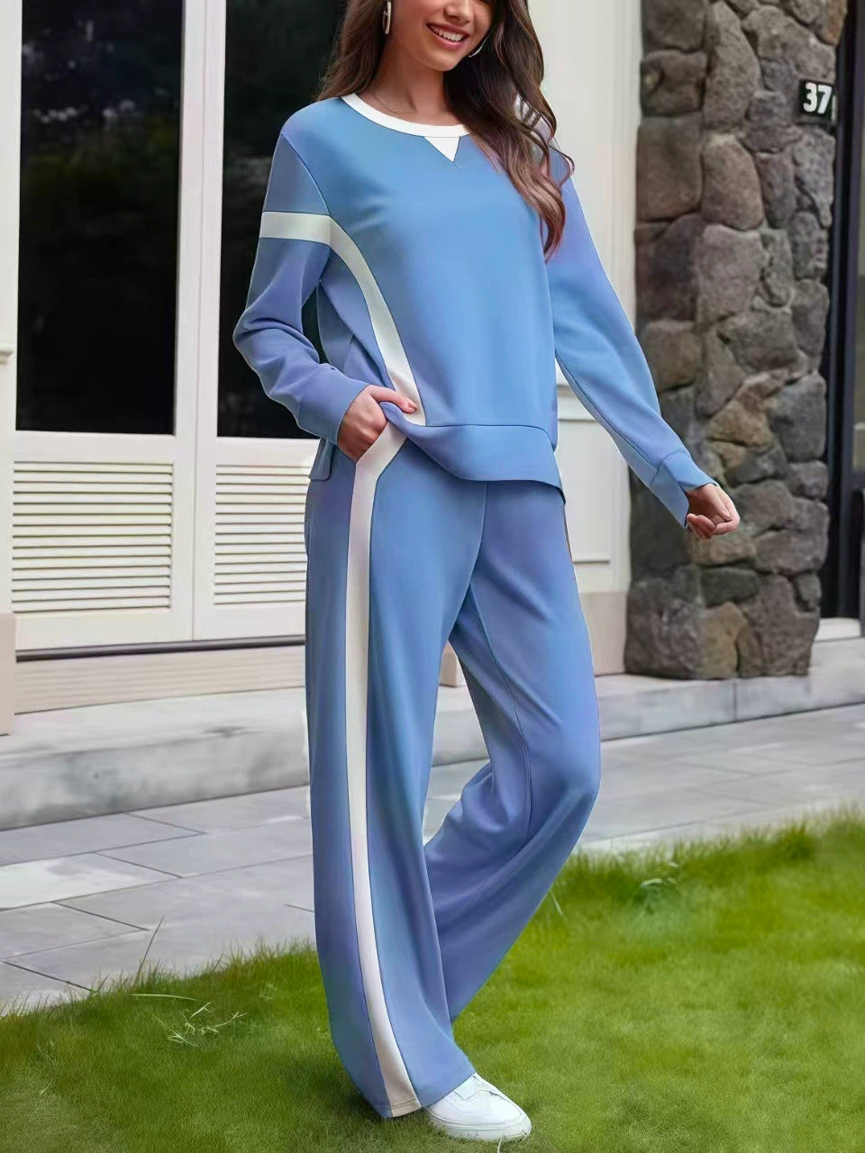 Women's Contrast Patchwork Sports Side Striped Two-piece Set Sweatshirt Fashion Casual Suit