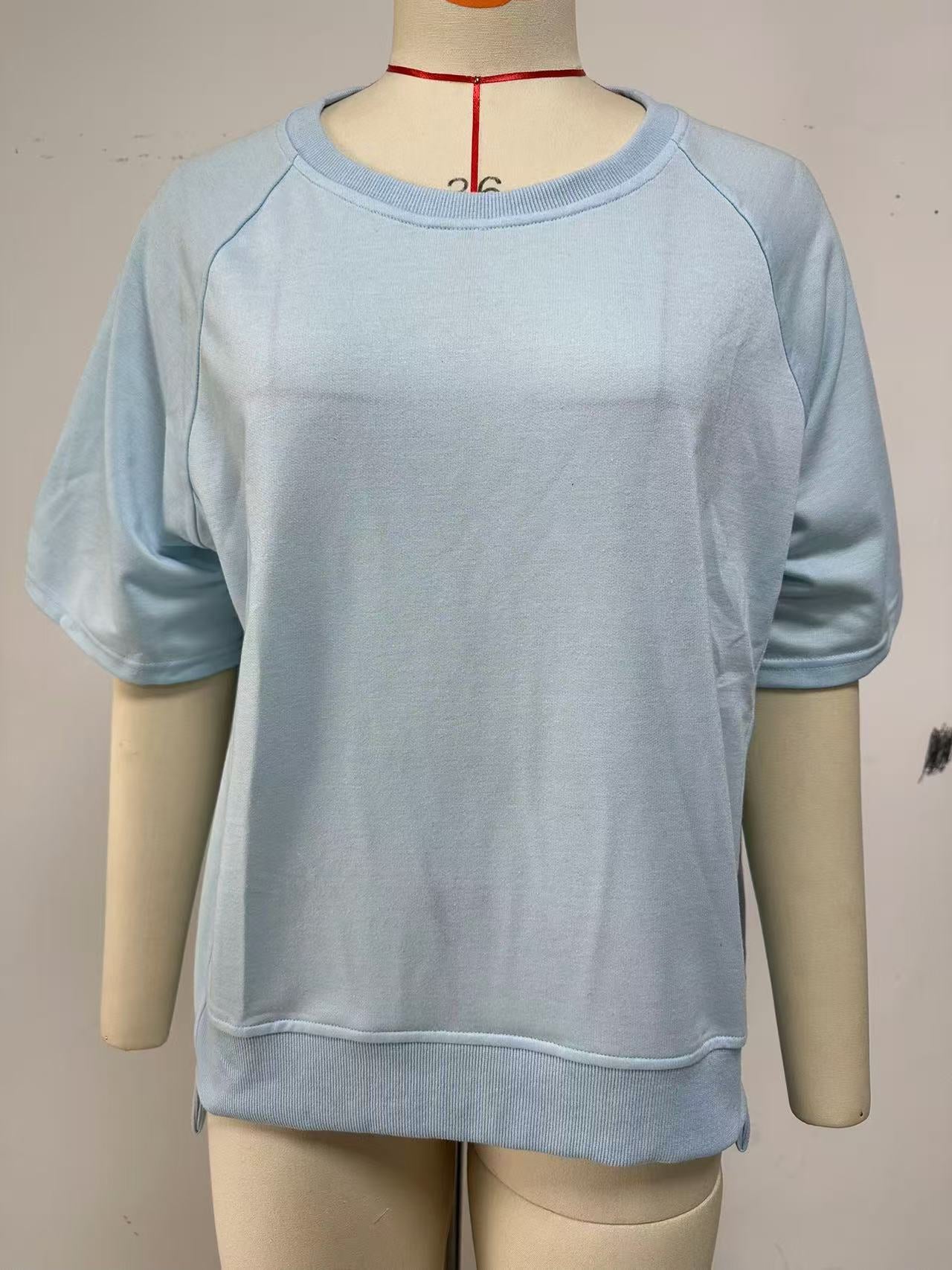 Women's Solid Color Thread Round Neck Shirt With Half Sleeve Shorts
