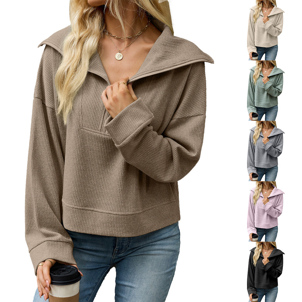 Women's Solid Color Polo Collar Zipper Loose Long Tops
