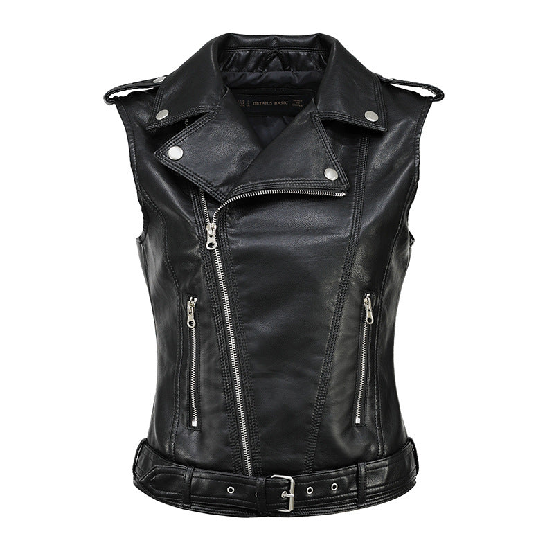 Women's Solid Color Slim Motorcycle Lapel Belt Zipper Jackets