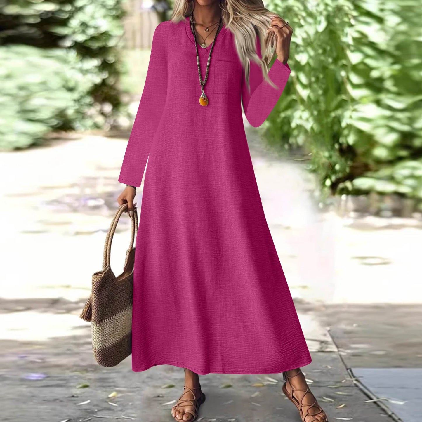 Summer Back Zipper Cotton Linen Solid Color Dress