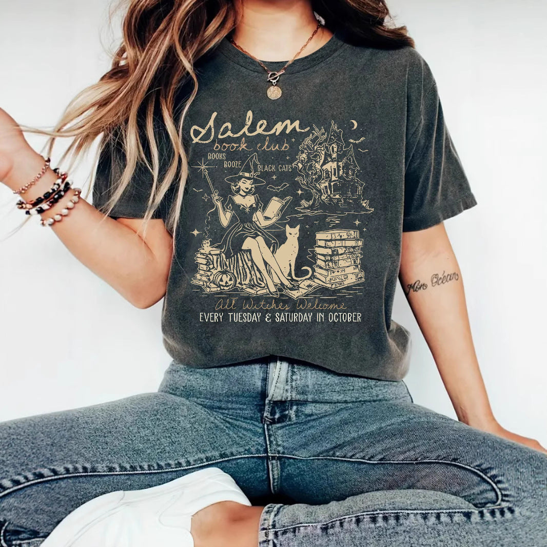 Women's Summer Salem Witch Pattern Halloween Printed Round Neck Women's T-shirt