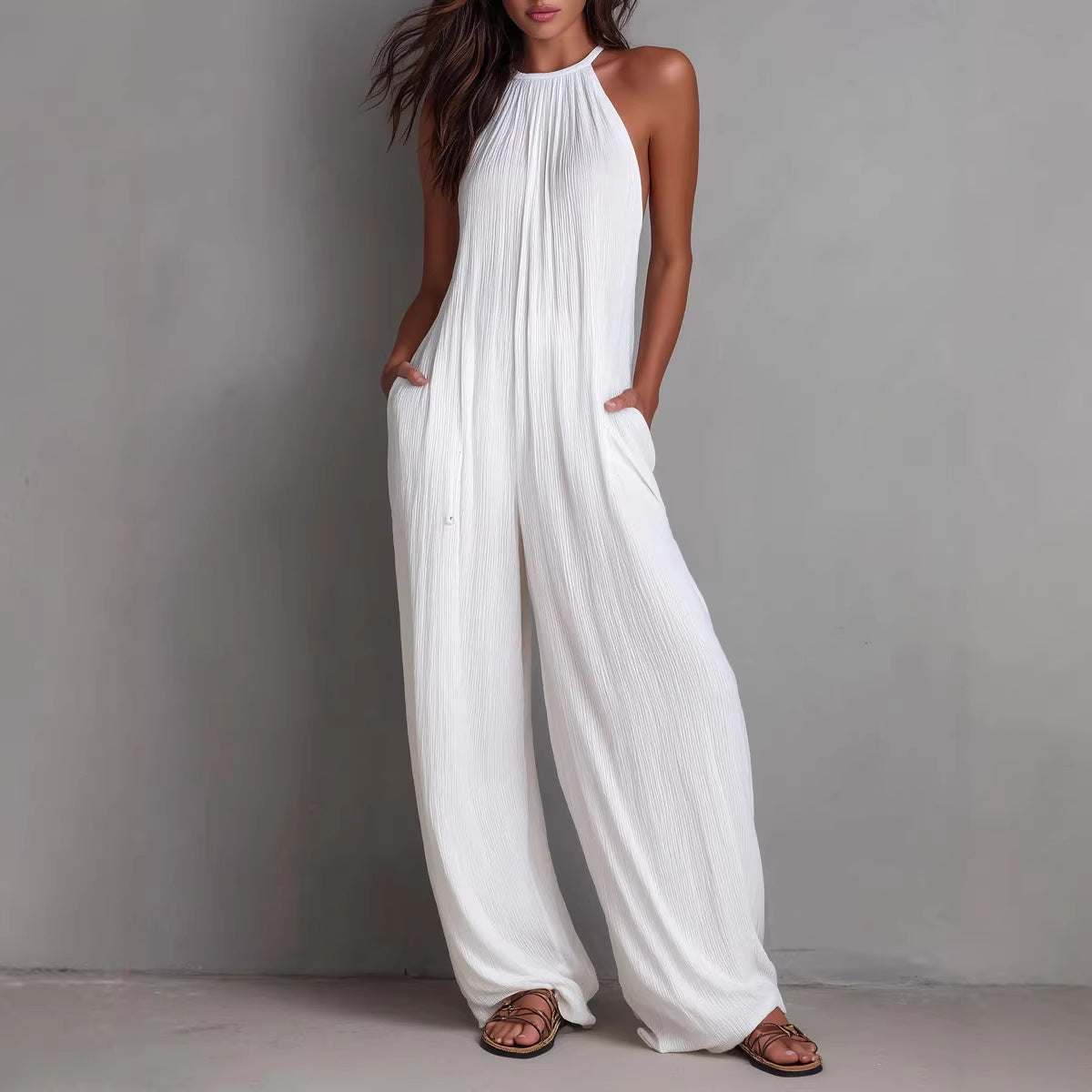 Women's Halter Sleeveless Vacation Style White Pleated Women's Jumpsuit/clothing