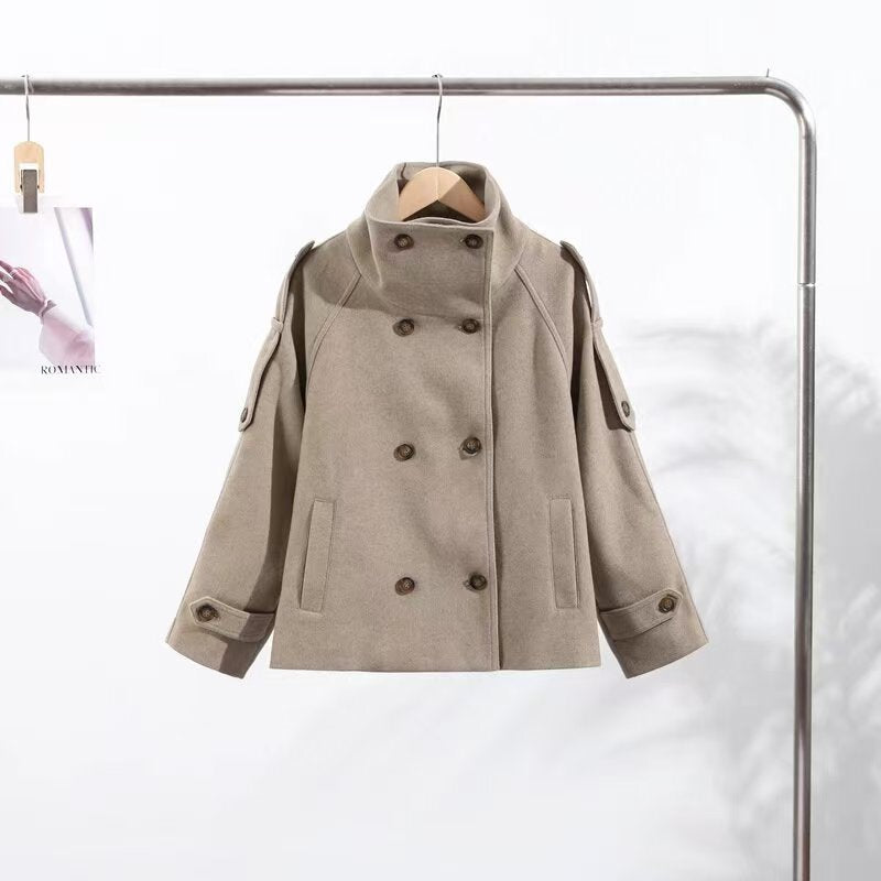 Women's Quality Woolen Stand Collar Double Breasted Temperament Coats