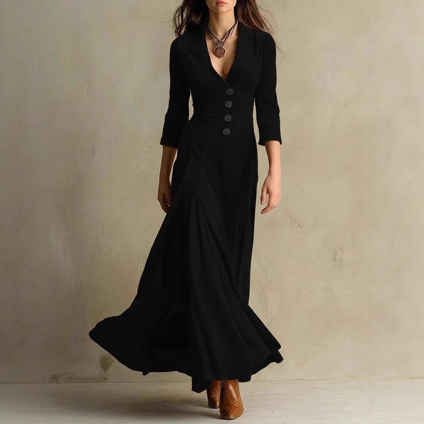Women's Color Buttons Lapel Sleeve Maxi Dress Dresses