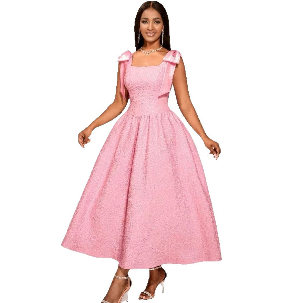 Women's Elegant Bow Dress Jacquard High Waist Dresses