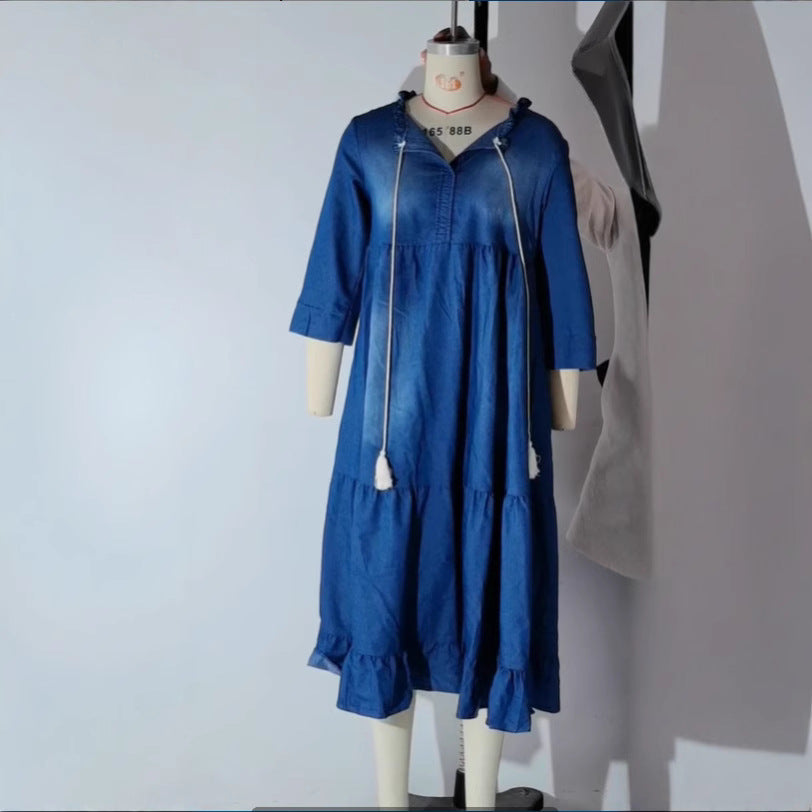 Washed Denim Mid-length Pleating Swing Long Dresses