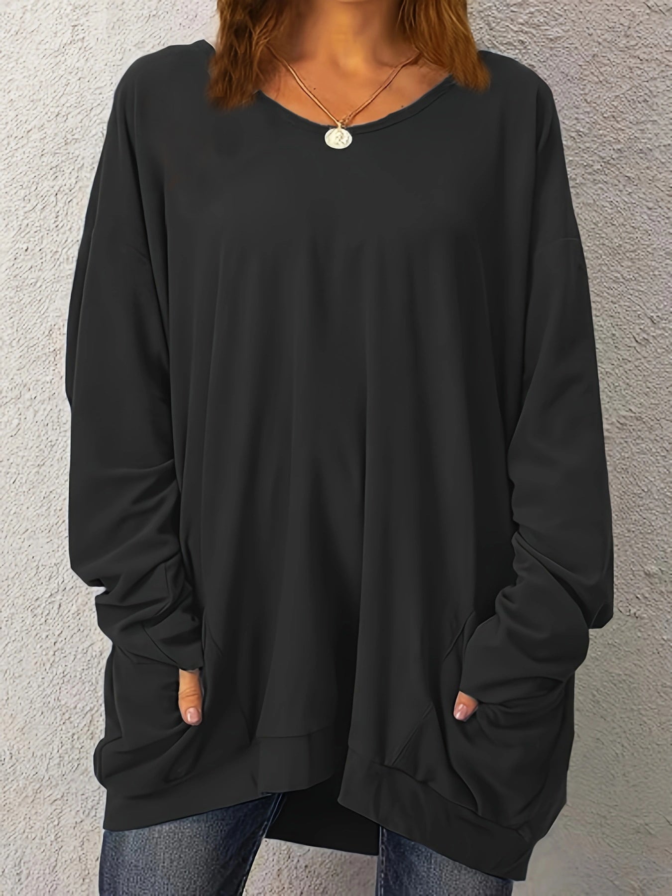 Women's Pullover Long-sleeved Double Pocket Solid Color Tops