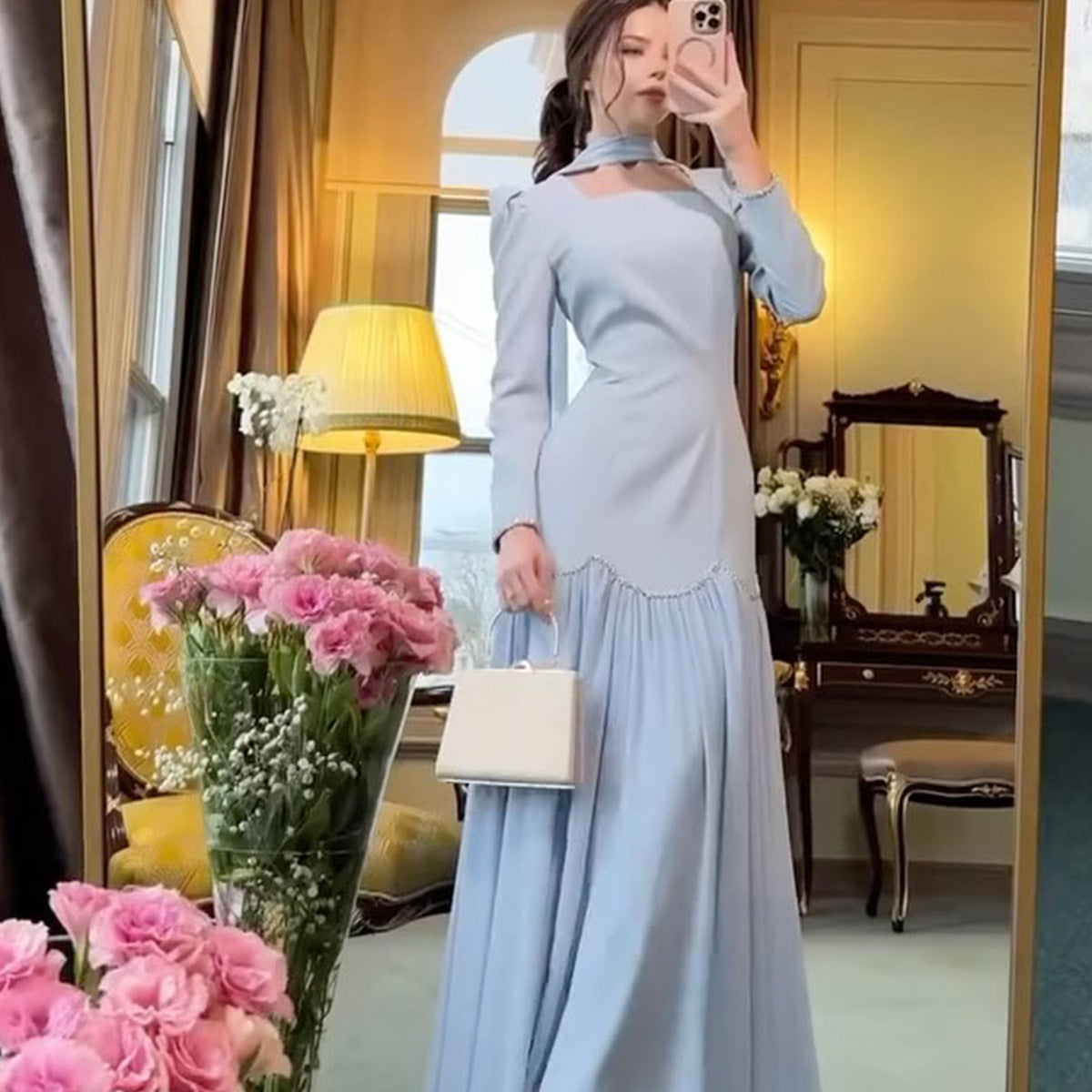 Diamond Studded Hand Ribbon Design Long Dresses