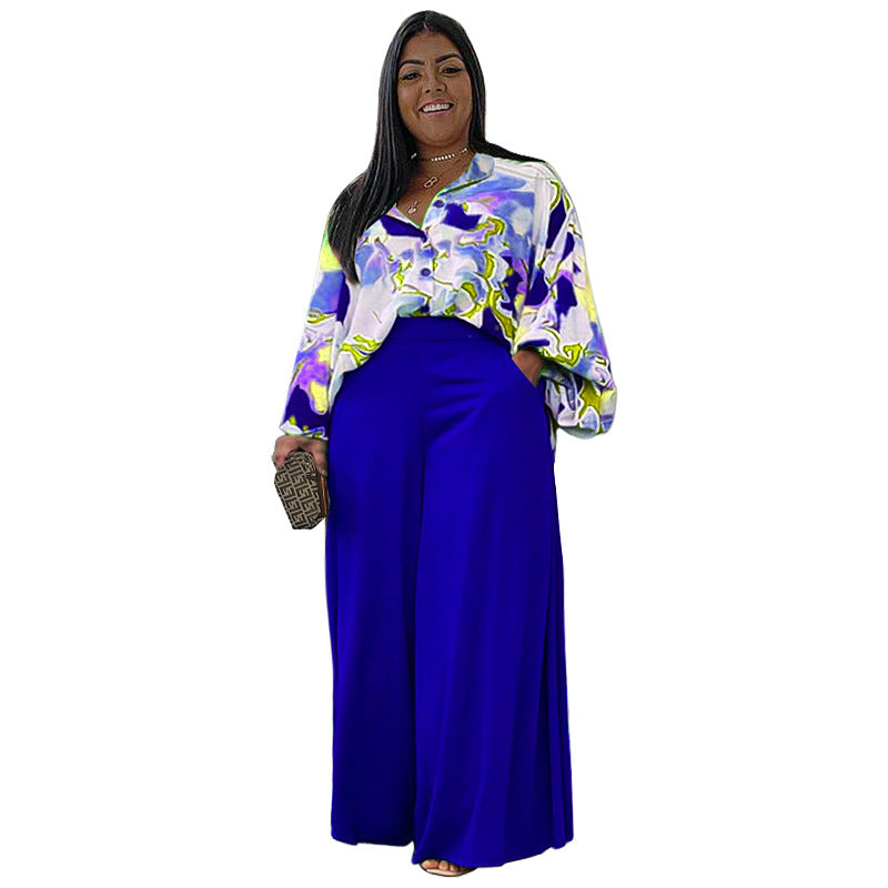 Women's Loose Large Casual Printed Shirt Wide Pants