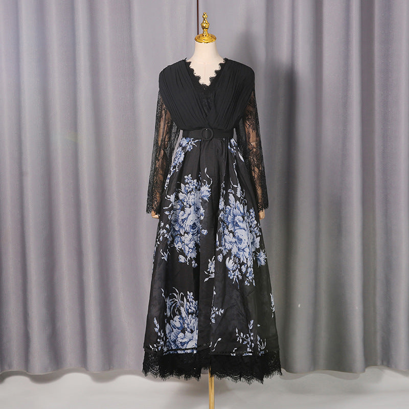 Women's Lace Long Sleeve Floral Print Dress Waist Large Dresses