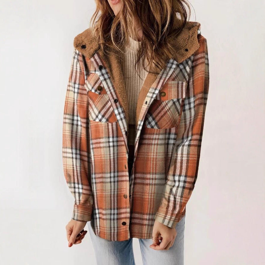 Women's Plaid Long Sleeve Furry Hooded With Coats