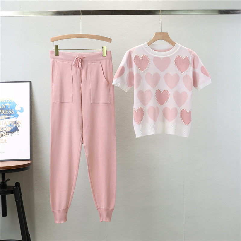 Women's Summer Sweet Knitting Sleeve Love Beaded Slim Fit Skinny Fashion Casual Suit