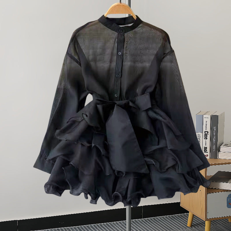 Pure Color Ruffles Long-sleeved Shirt Niche Dresses