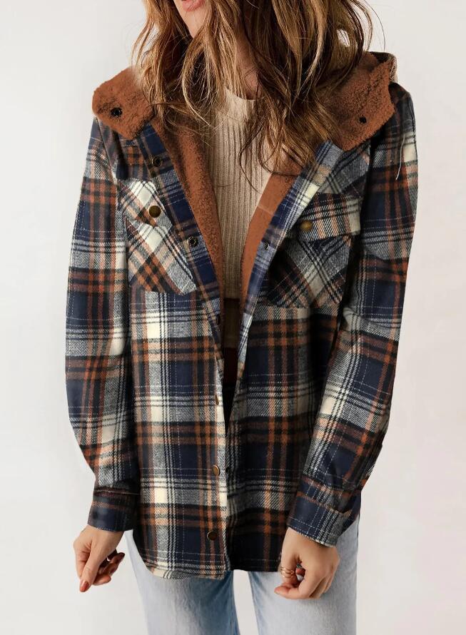 Women's Plaid Casual Long-sleeved Furry Hooded With Coats