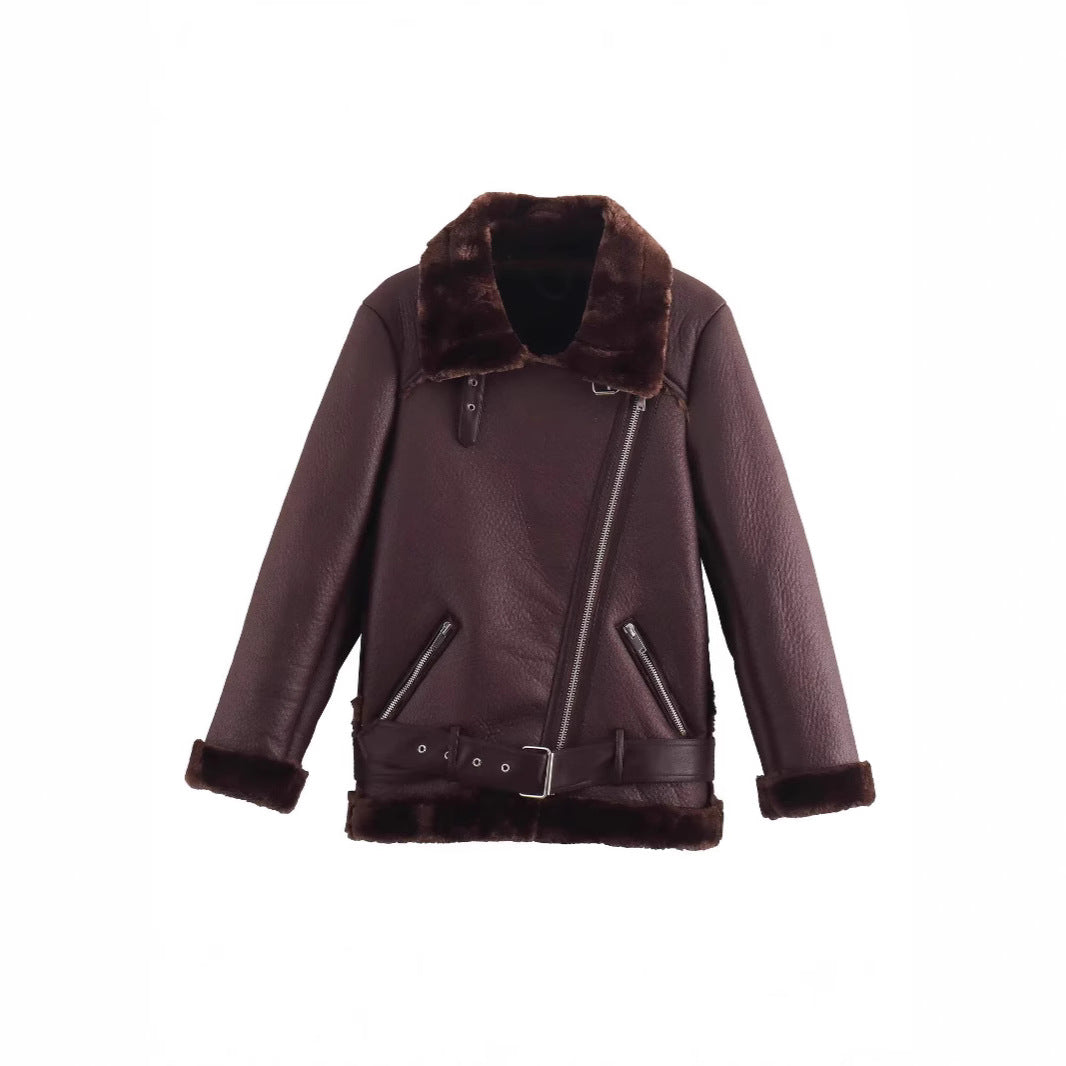 Women's Fashion Polo Collar Double-sided Imitation Leather Coats