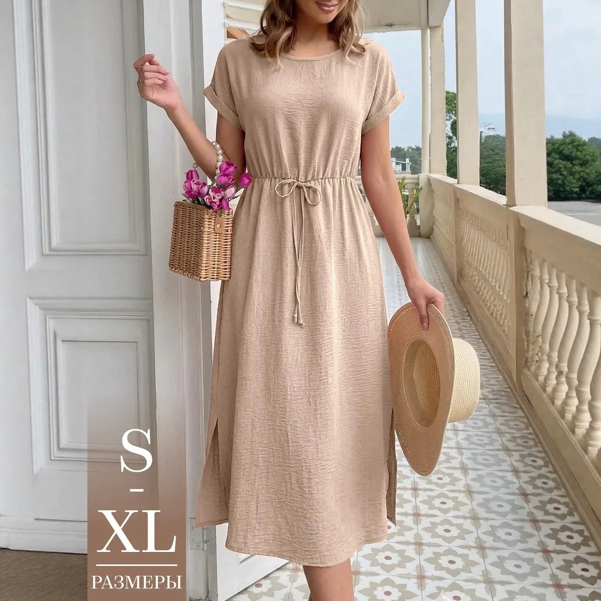 Women's Summer Casual Round Neck Loose Waist Trimming Short-sleeved Dress