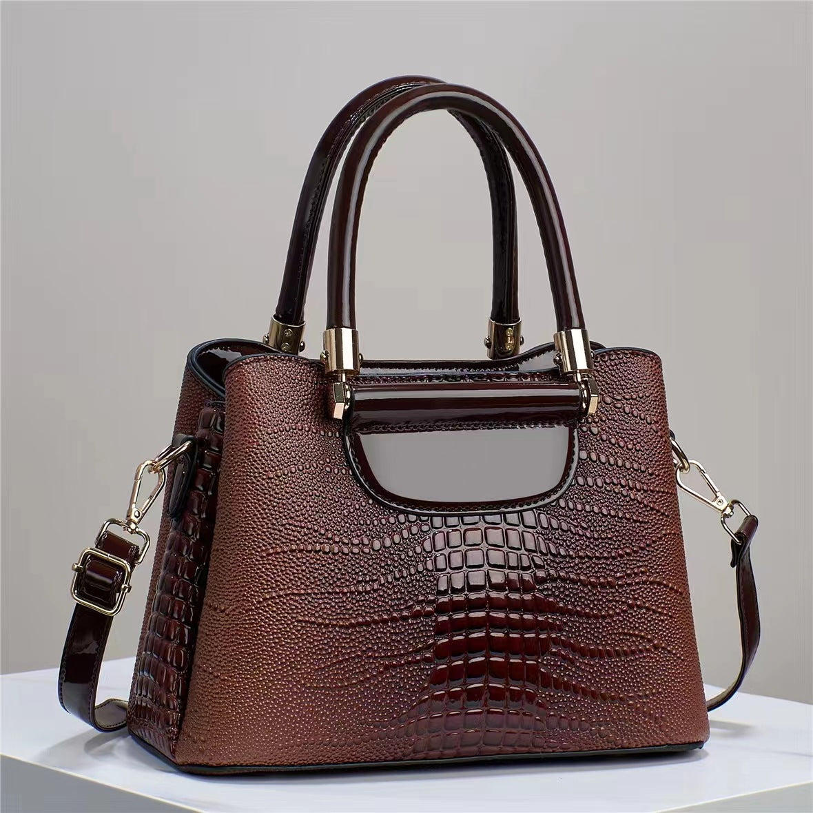 Women's Textured Bright Leather Stone Pattern Crocodile Handbags