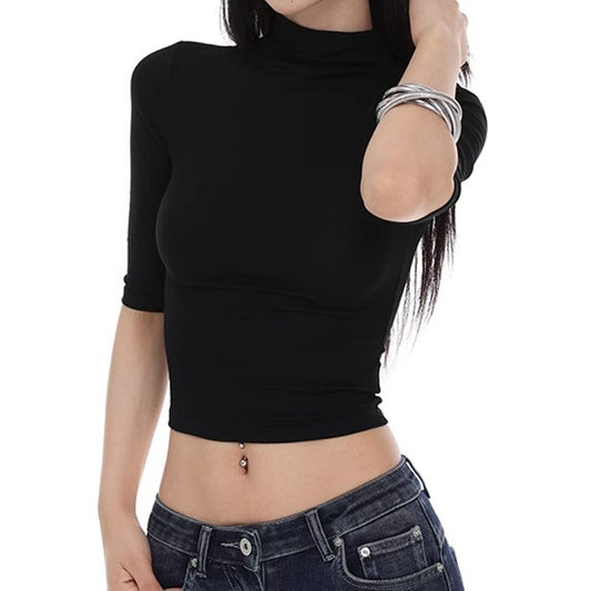 Women's Half Turtleneck Shoulder Sleeve T-shirt Slim Slimming Bottoming Shirt Blouses