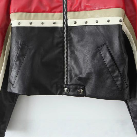 Women's Fashion Stand Collar Stitching Leather Midriff Jackets