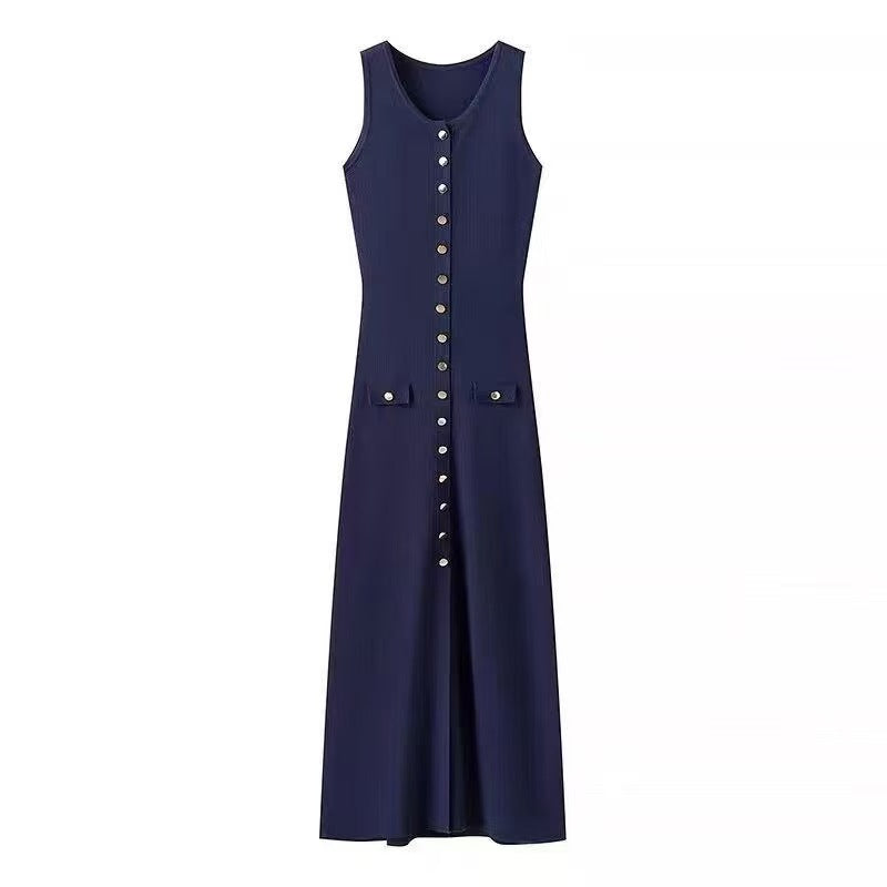 Neck Sleeveless Single-breasted High Waist Slim Dresses