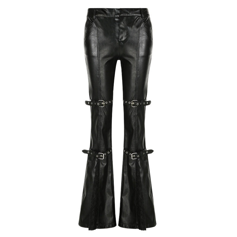 Corns Buckle Lace Stitching Leather Bell-bottom Hot Street Sexy Pants